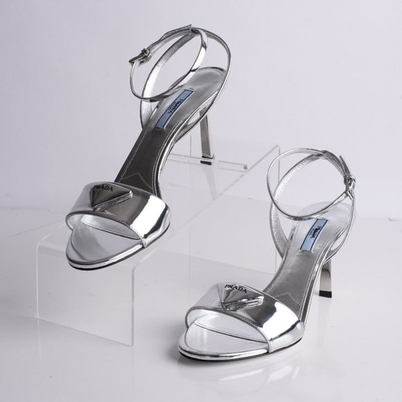 Prada Shoes - Prada Womens Metallic Silver Leather Logo Sandals High Heels 3" EU 38.5 US 8.5